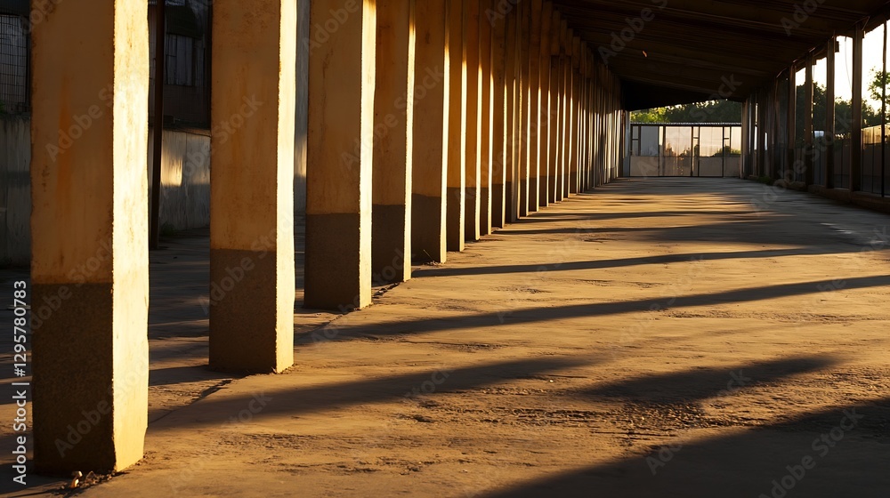Aufkleber sunlit industrial hallway with columns and long shadows at dusk : generative ai