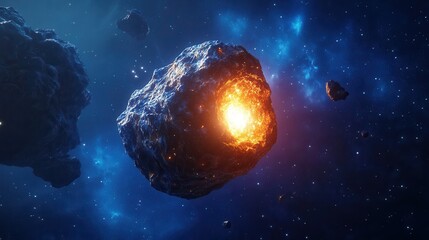 Glowing Asteroid Surrounded by Cosmic Dust and Stars in Deep Space with Vibrant Colors and Dramatic Lighting Effects