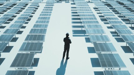 Heat detection in a solar panel farm with a technician inspecting panels. Featuring efficiency and energy monitoring