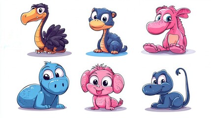 Obraz premium Six adorable cartoon creatures of various colors and features are shown