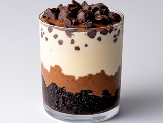 Delicious layered dessert with chocolate mousse, cream, and cookie crumbs