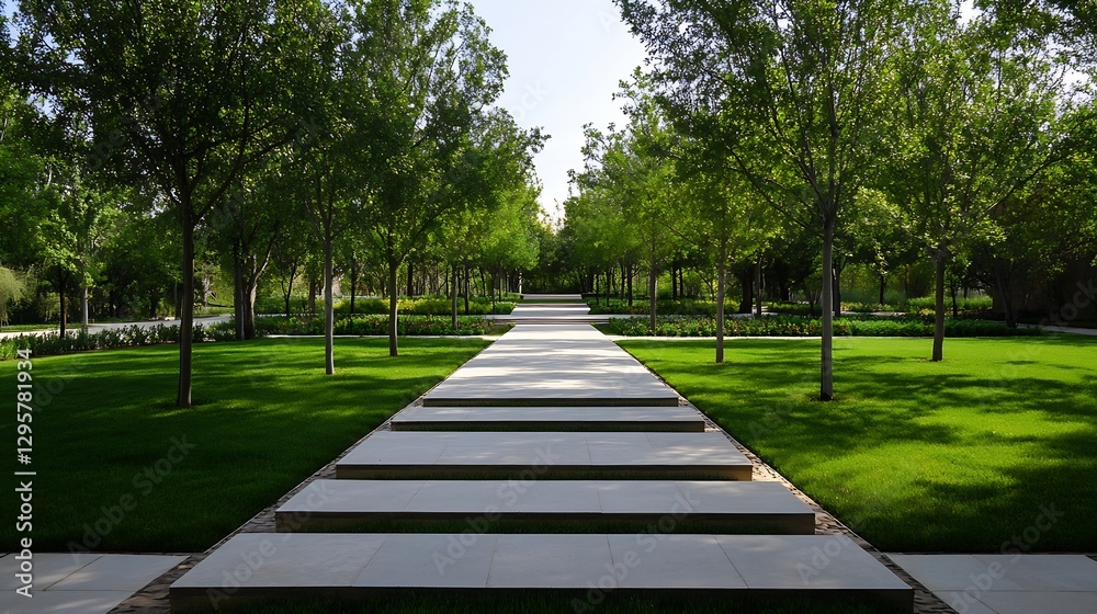 Poster Beautiful Tree-Lined Pathway in a Lush Green Park on a Sunny Day : Generative AI