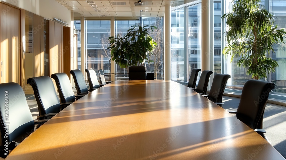 Poster bright modern conference room with large table and stunning natural light streaming through windows 
