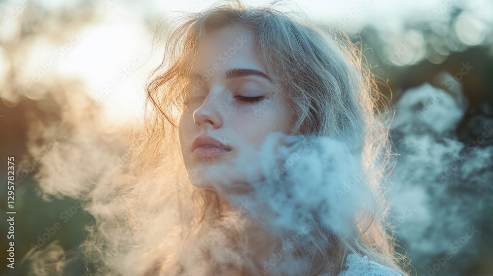 Poster in a tranquil setting at twilight, a young woman with soft features stands enveloped in ethereal mis