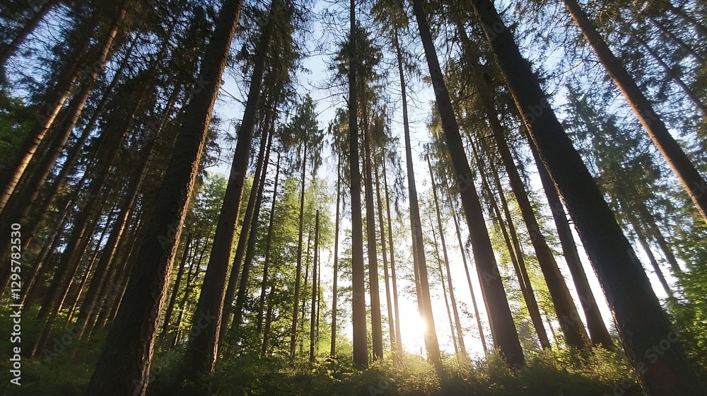 Poster majestic tall trees with sunlight filtering through the canopy : generative ai
