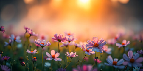 Pink spring flowers on meadow, blurry sunlight background and dreamy artistic bokeh lush foliage. Picturesque cosmos floral nature, amazing sunlight, love happiness mood. Spring summer meadow field
