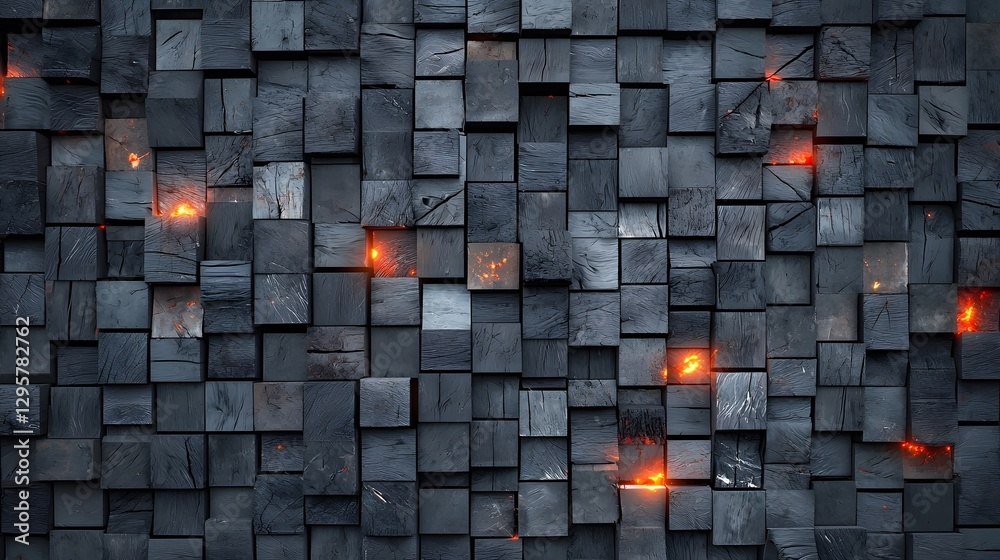 Poster Creative abstract composition of charred and burnt wooden blocks arranged in a mosaic pattern glowing with red embers and a moody atmospheric lighting