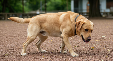 Fototapeta premium Golden Labrador Retriever Dog Walking on Gravel Path in Park Canine Pet