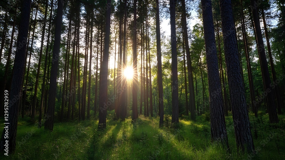 Poster dappled sunlight streaming through tall trees in a lush green forest : generative ai