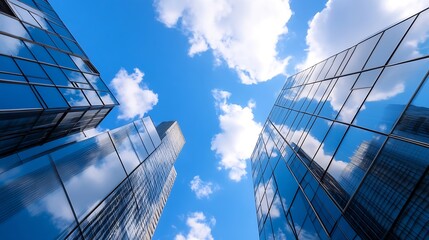 Tall glass buildings reaching towards the sky with fluffy clouds in a bright blue backdrop : Generative AI