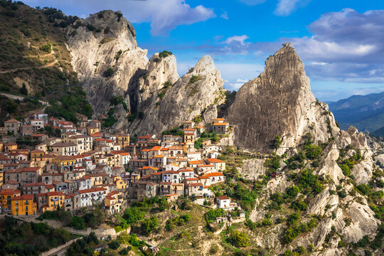 Colorful traditional village Castelmezzano, surrounded by rocky mountains in Basilicata southern region of Italy
