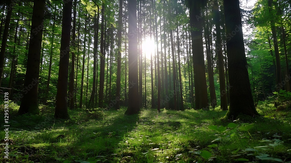Poster Sunbeams Filtering Through Tall Trees in Lush Green Forest : Generative AI