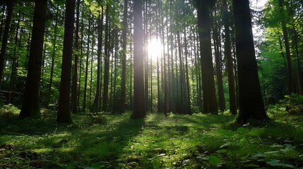 Fototapeta premium Sunbeams Filtering Through Tall Trees in Lush Green Forest : Generative AI