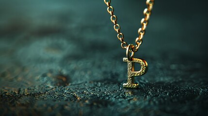 A delicate gold necklace featuring a shimmering letter 'P' pendant, artfully positioned on a textured background.