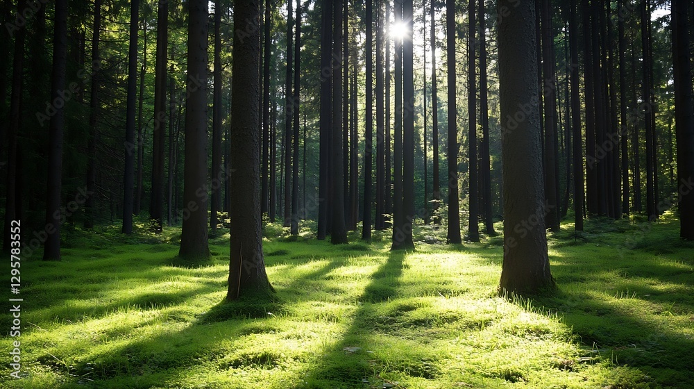 Fototapete Sunlight filtering through tall trees in a lush green forest creating serene and calming atmosphere : Generative AI