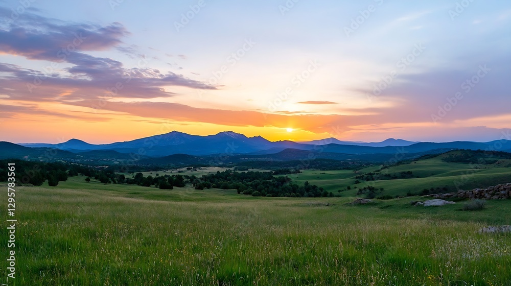 Poster majestic sunset over mountain range with rolling hills and lush fields showcasing tranquil nature sc