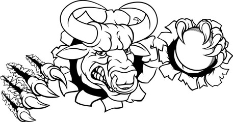A bull or Minotaur monster longhorn cow angry mean cricket mascot cartoon character.