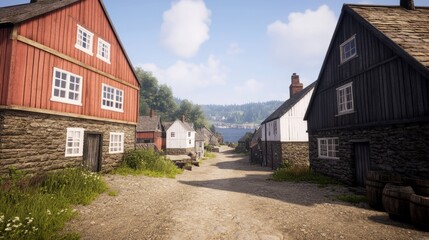 Quaint village street, wooden buildings, scenic valley backdrop, sunny day