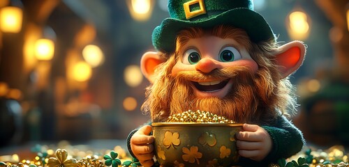 Cheerful Leprechaun with Green Hat and Red Beard Joyfully Holding Pot of Gold, Surrounded by Scattered Coins in Whimsical Setting