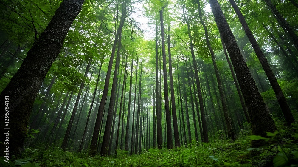 Leinwandbilder lush green forest with tall trees and fog creating a mystical atmosphere : generative ai