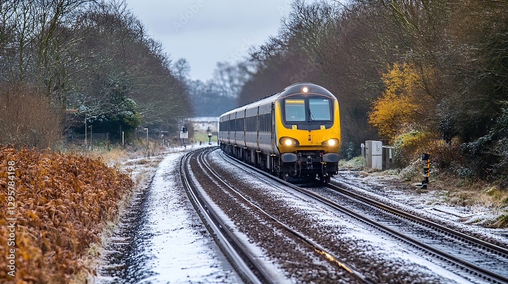 Poster dynamic train approaching on snowy tracks surrounded by scenic nature : generative ai