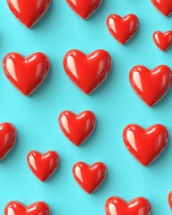 Fototapeta premium Red hearts pattern on a light blue background