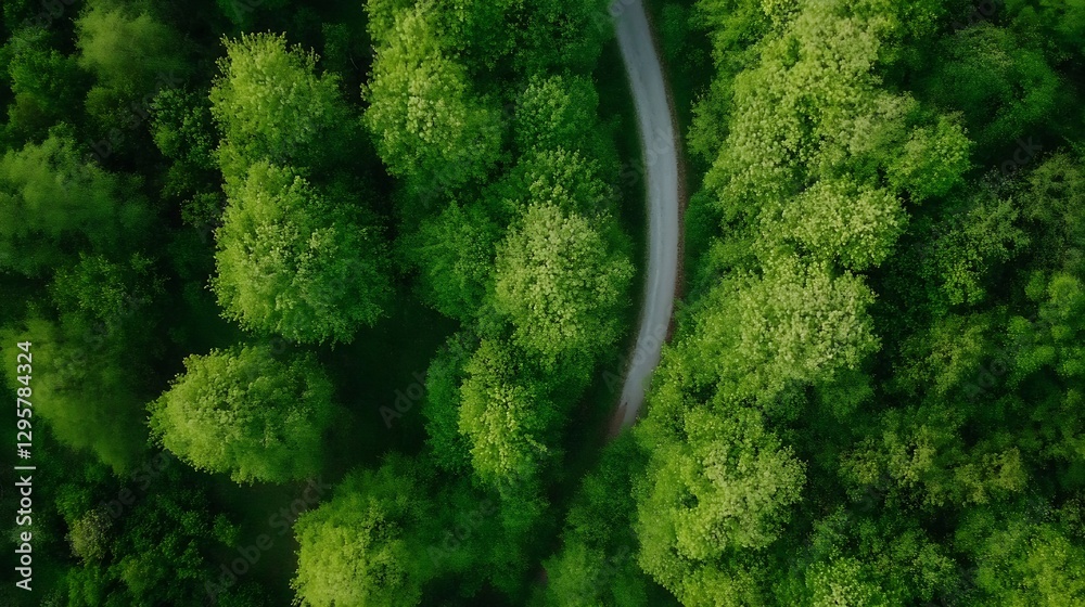 Poster Aerial view of lush green trees and winding path showcasing nature's beauty and tranquility : Generative AI