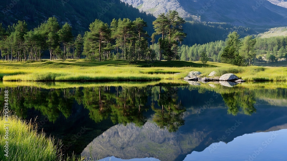 Poster Serene Natural Landscape with Reflections in Calm Water Surrounded by Lush Green Trees and Mountains : Generative AI