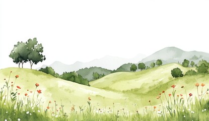 Watercolor painting of a tranquil hillside meadow with flowers, trees, and mountains