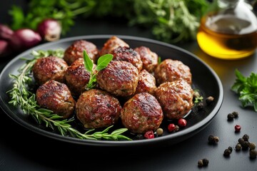 motif featuring delicious meatballs on a dark plate, surrounded by ingredients like herbs and spices. The background is black with a blurred oil or sauce container in the top right corner