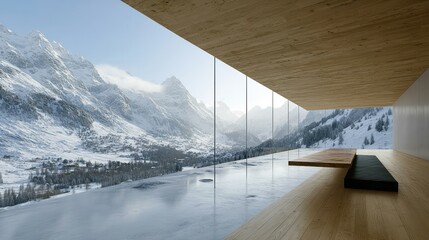 Snowy Mountain View, Modern, Glass-walled, Infinity Pool House