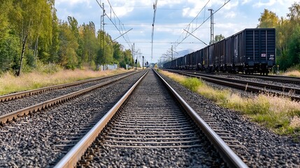 Fototapeta premium Train Tracks Leading Through Scenic Autumn Landscape with Freight Cars : Generative AI