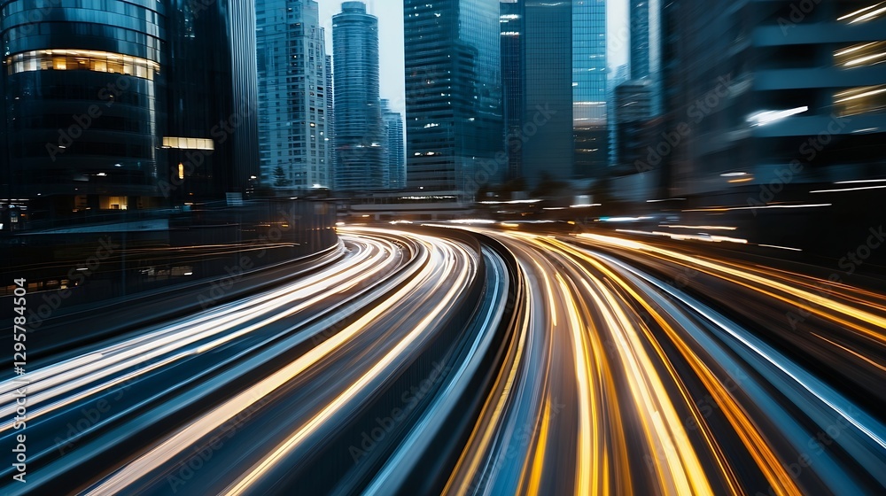 Aufkleber Dynamic motion blurred image of busy city traffic with glowing light trails at dusk : Generative AI