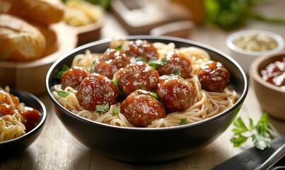 bowl of meatballs with noodles, with side dishes and bread on the table