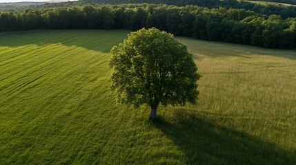 Obraz premium Lone Green Tree in Lush Meadow Surrounded by Vibrant Grass and Forests : Generative AI