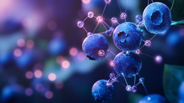 Futuristic Blueberries with Molecular Structures and Glowing Elements