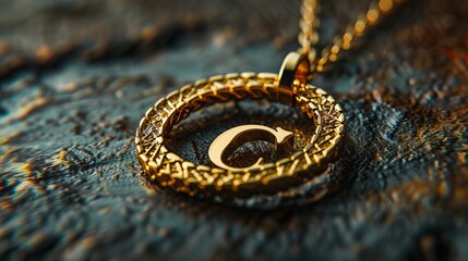 Elegant gold necklace with intricate design, featuring a prominent letter charm on a textured background.