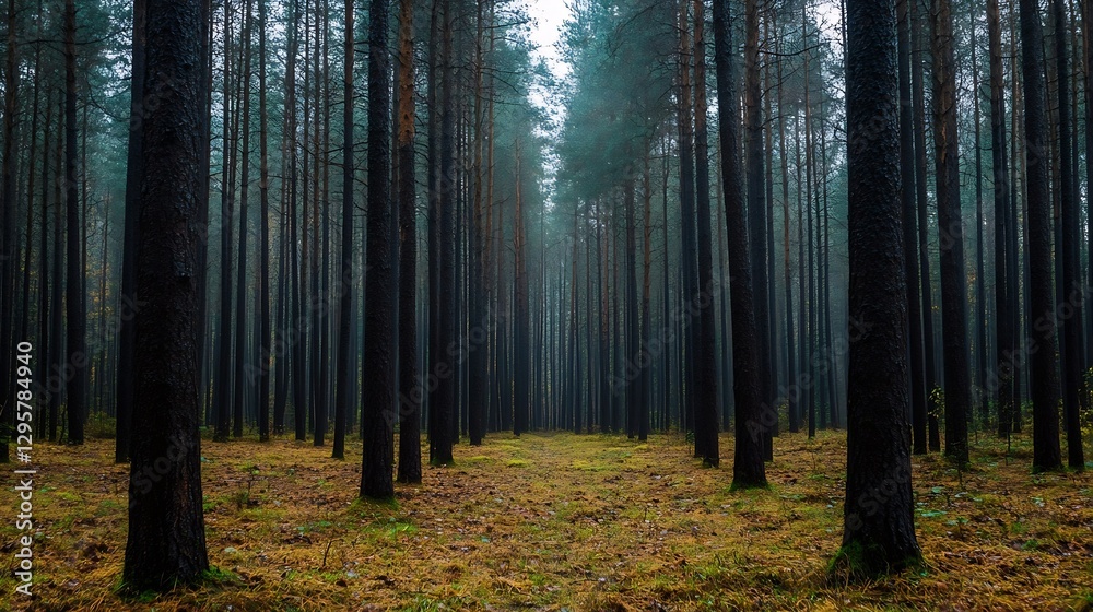 Poster misty pine forest with tall trees and fall leaves on the ground : generative ai