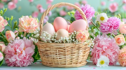 Vibrant easter eggs in a decorative basket surrounded by flowers celebrating the holiday spirit
