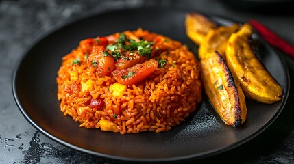 A jollof rice topped with tomato pieces and herbs presented on a black plate alongside fried plantains