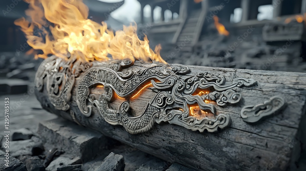 Aufkleber Flames Engulfing a Meticulously Carved Log Revealing Its Intricate Patterns of Ornate Designs and Textures in an Intense Moody and Atmospheric Display of Natural Energy and Combustion