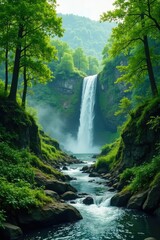 Obraz premium lush green forest alongside a winding river with a misty waterfall, forest, nature, green