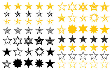 Rating symbol set of five pointed star collection yellow golden black outline stars quality rating product service quality assesment sign label