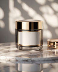Premium glass cosmetic jar with gold and white detailing placed on a marble surface for a sleek and sophisticated beauty display Product Display Presentation