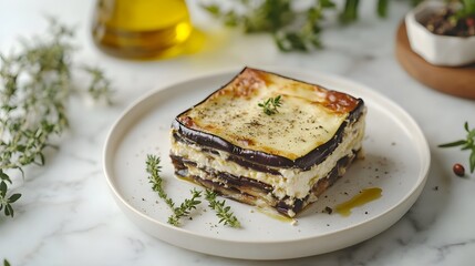 A square slice of moussaka with layers of eggplant and creamy filling on a speckled white plate