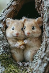 A couple of hamsters sitting in a tree eating a piece of food