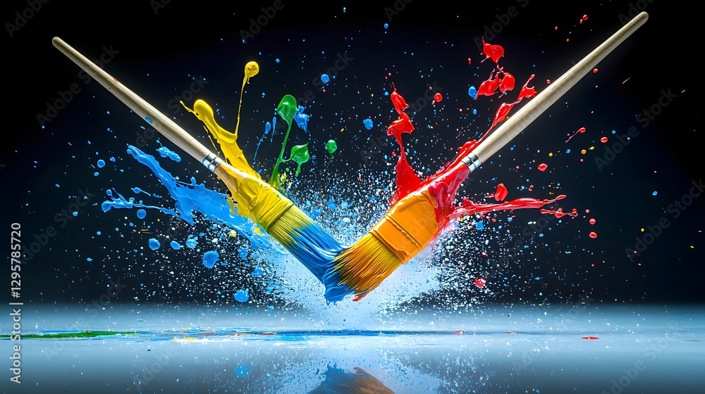 Poster high speed capture of two colliding paintbrushes creating a dramatic explosion of vibrant color spla