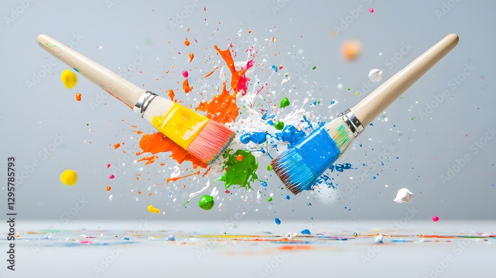 Poster high speed capture of two paintbrushes colliding with vibrant paint splattering in an energetic expr
