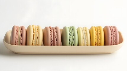 Pastel-colored macarons arranged in alternating orientations in a long narrow dish