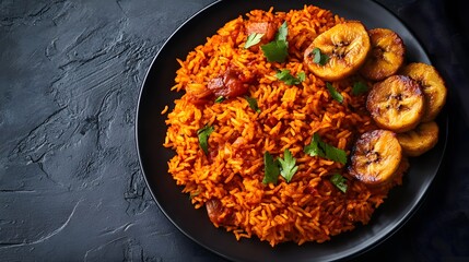 A plate of orange jollof rice is topped with fried plantain slices and fresh herbs on black textured background